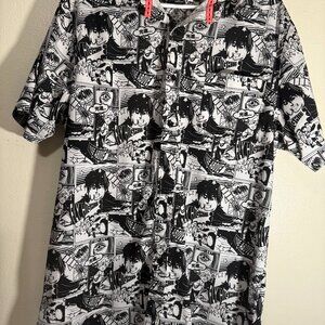 Just Attitude Anime Comic Print Button Up Shirt Mens XL BlackWhite Short Sleeve